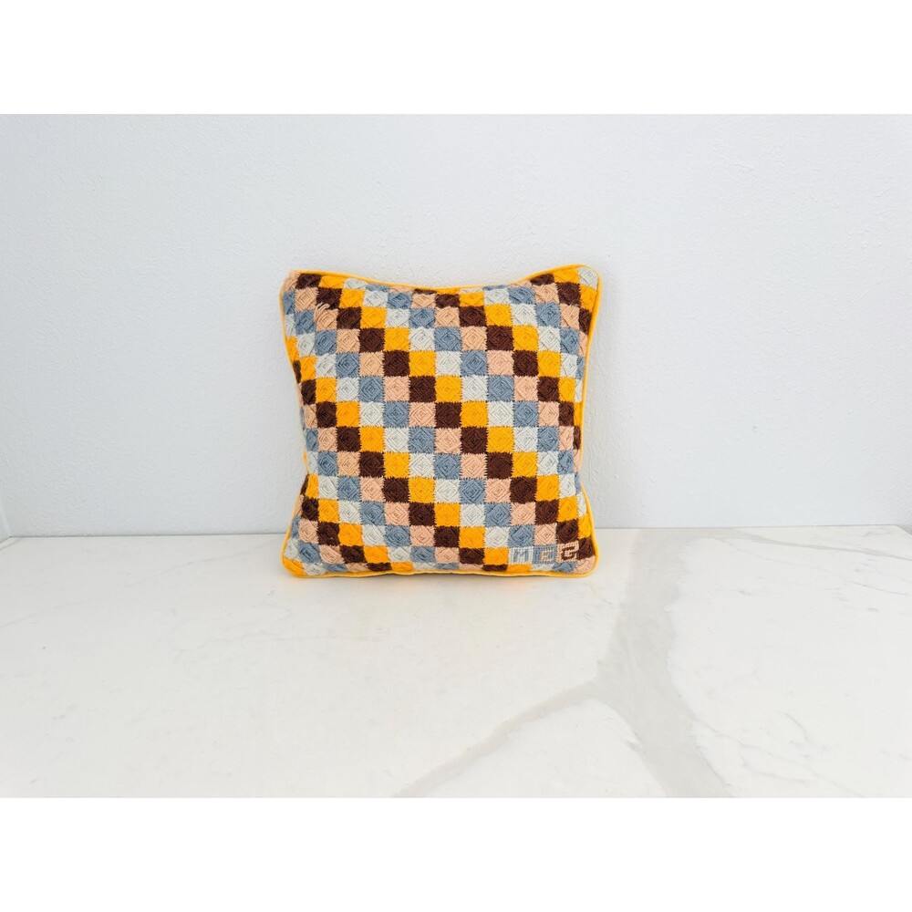 Vintage 1970s Needlepoint Throw Pillow Handmade Check Pattern Velour Back